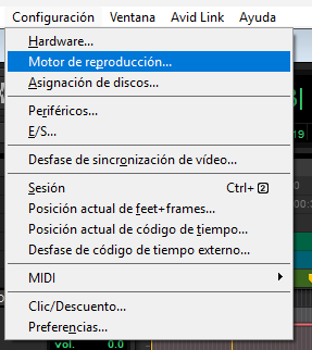 Menú Configuración de Pro Tools con Motor de reproducción seleccionado.