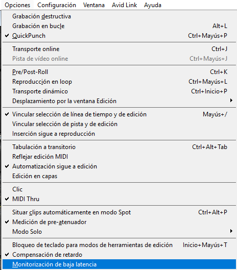 Menú Opciones de Pro Tools mostrando Monitorización de baja latencia sin activar.